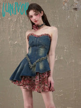Lunivop Summer Vintage Denim Dress Women Casual Patchwork Floral Party Mini Female Korean Fashion